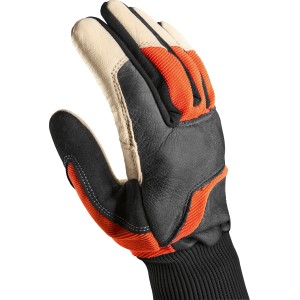 Kerbl Motorsägenhandschuh Forester Gr. 9: Arbeitshandschuh aus Leder mit Schnittschutz in Schwarz, Beige und Orange.