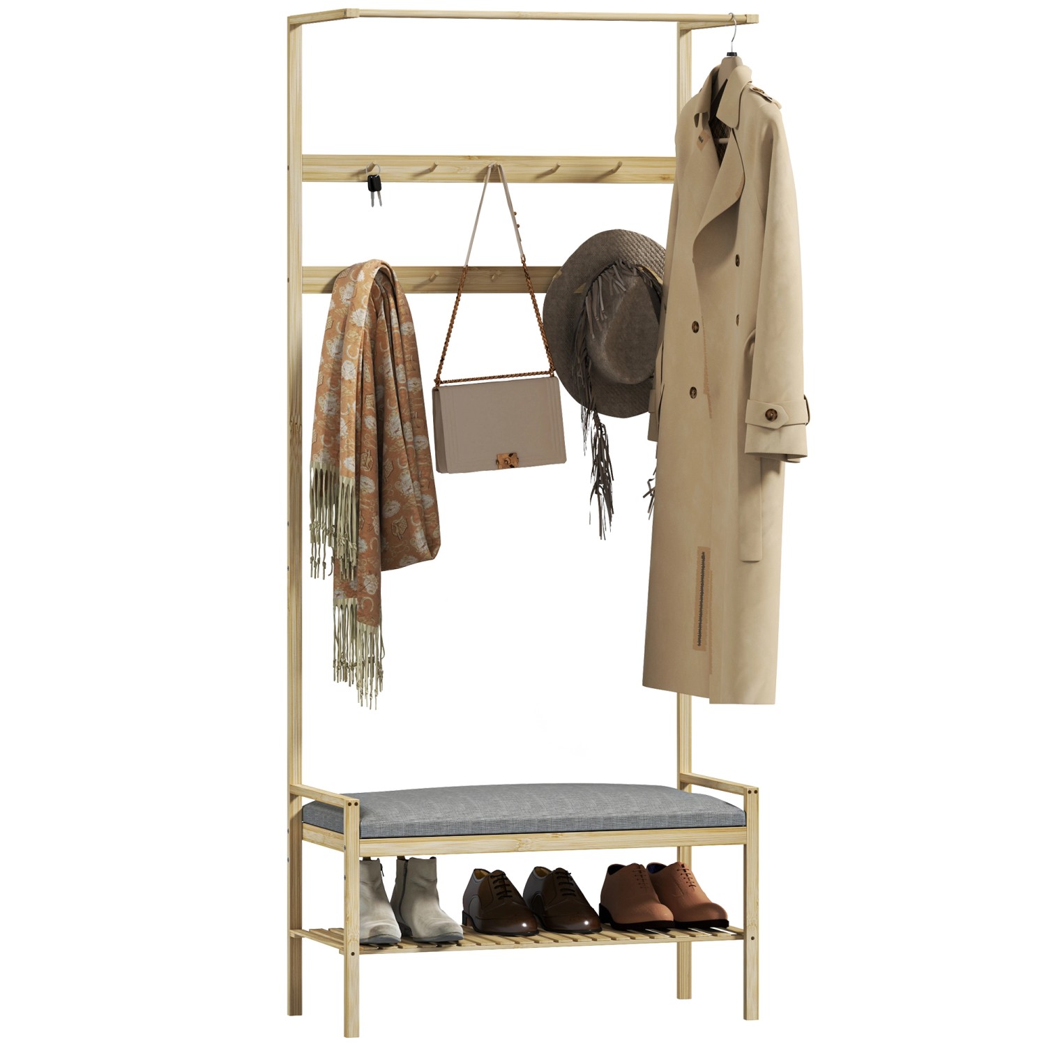 HOMCOM Garderobe mit Schuhbank Bambus Naturholz 73,5L x 34B x 171H cm günstig online kaufen