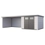 Gerätehaus Classico 3030 mit Lounge XL, weiße Ecken, 762x238 cm, weiß. Gerätehäuser mit Lounge.