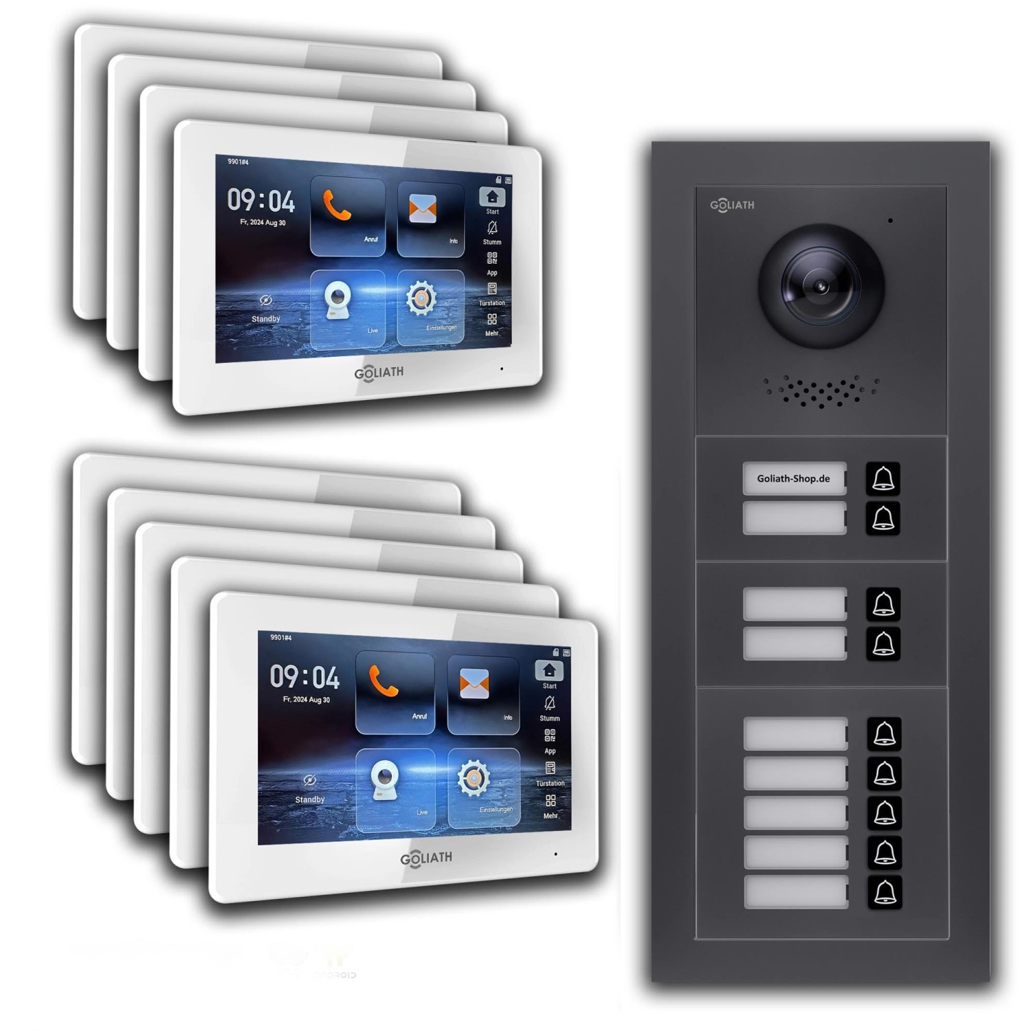 Goliath IP Video Türsprechanlage 9 Familienhaus 7 Zoll Weiß App Anthrazit Unterputz