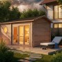 Finntherm Gartensauna Genf-70 aus Fichtenholz mit Panoramafenster und Satteldach.
