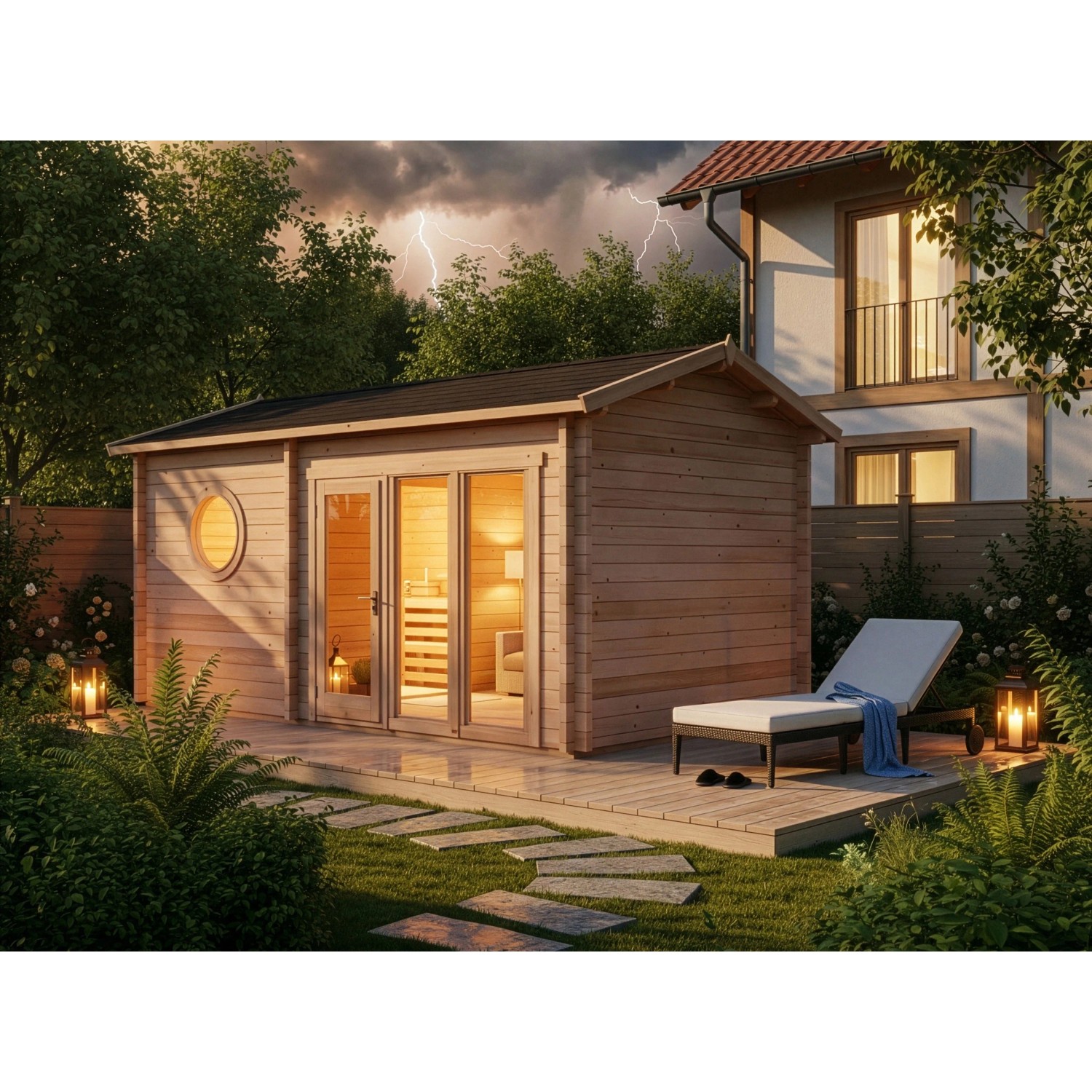 Finntherm Gartensauna Genf-70 aus Fichtenholz mit Panoramafenster und Satteldach.