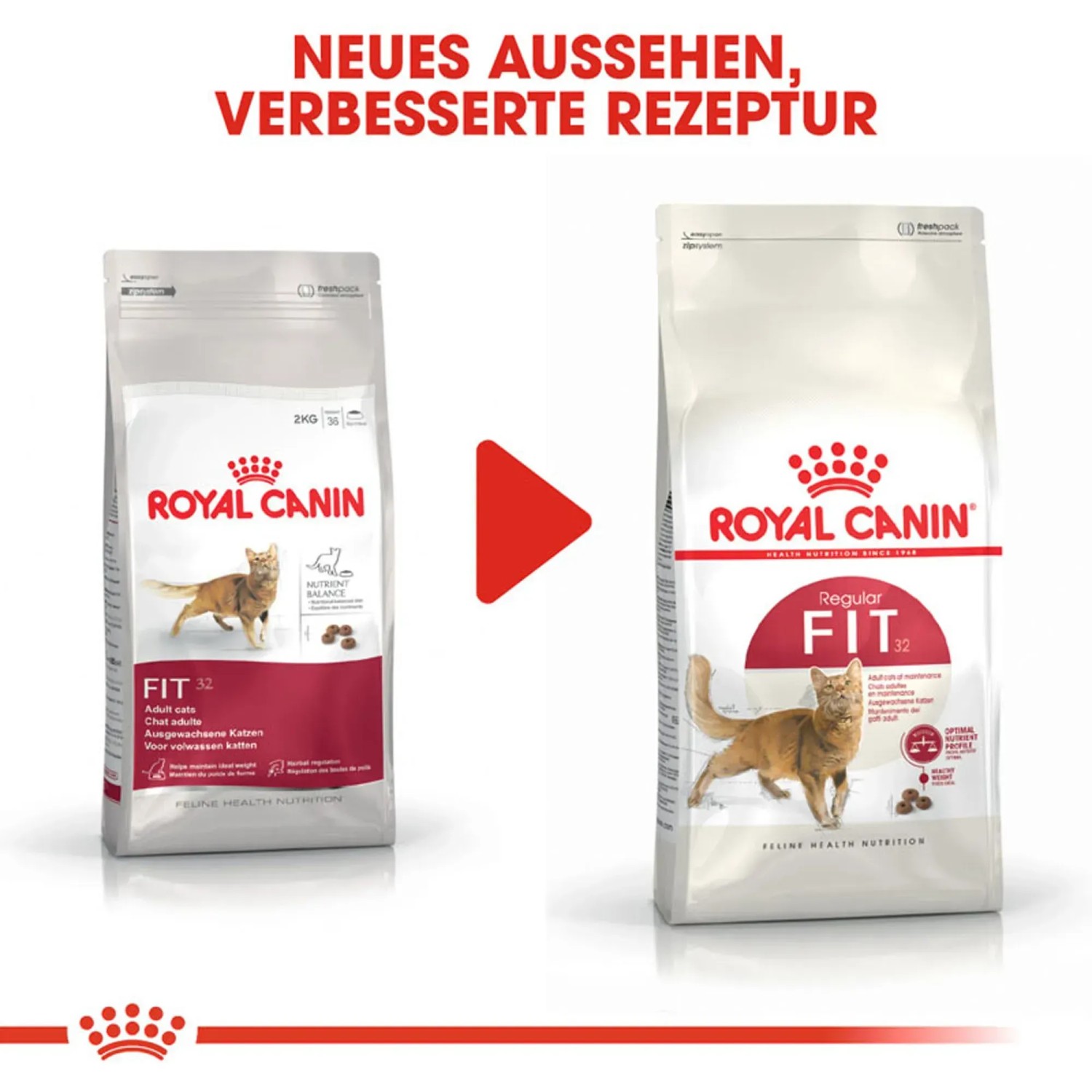 Royal Canin Fit Trockenfutter für aktive Katzen, 10kg Packung, neues und altes Design im Vergleich.