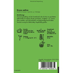 Packung Salatrauke Einjährig Samen: Aussaat, Anzucht und Ernte Informationen auf der Rückseite.