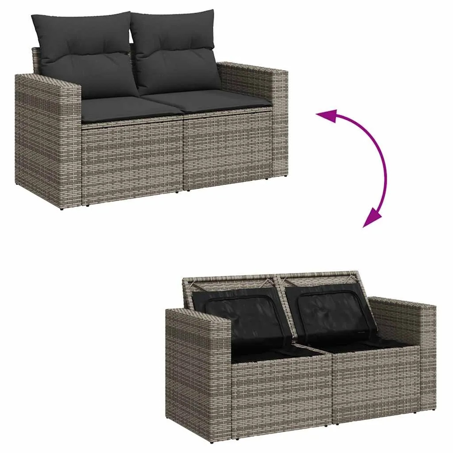 Graue 6-tlg. vidaXL Garten-Sofagarnitur aus Rattan mit Kissen und Stauraum unter den Sitzen.
