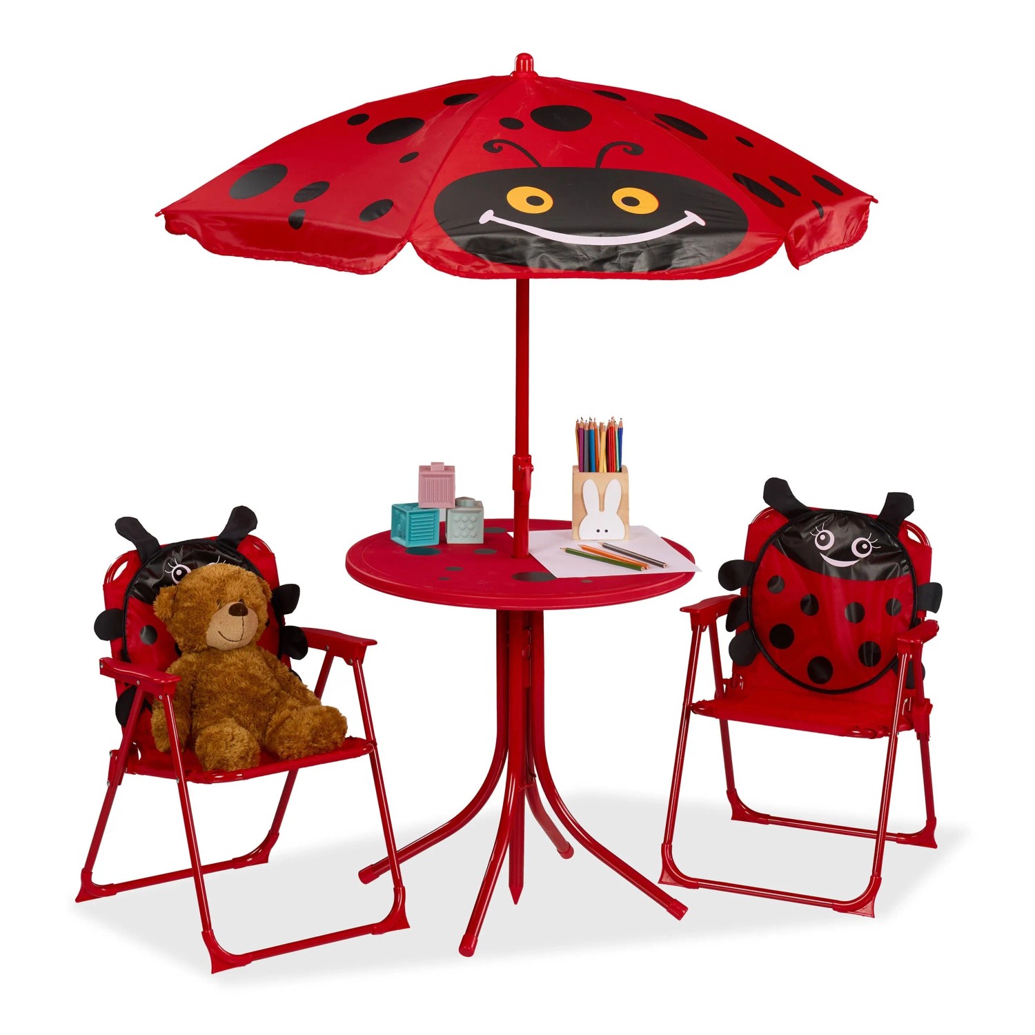 Relaxdays Kindersitzgruppe Eisen Kunststoff Polyester mit Schirm Marienkäfer 53 cm x 36 cm x 37,5 cm