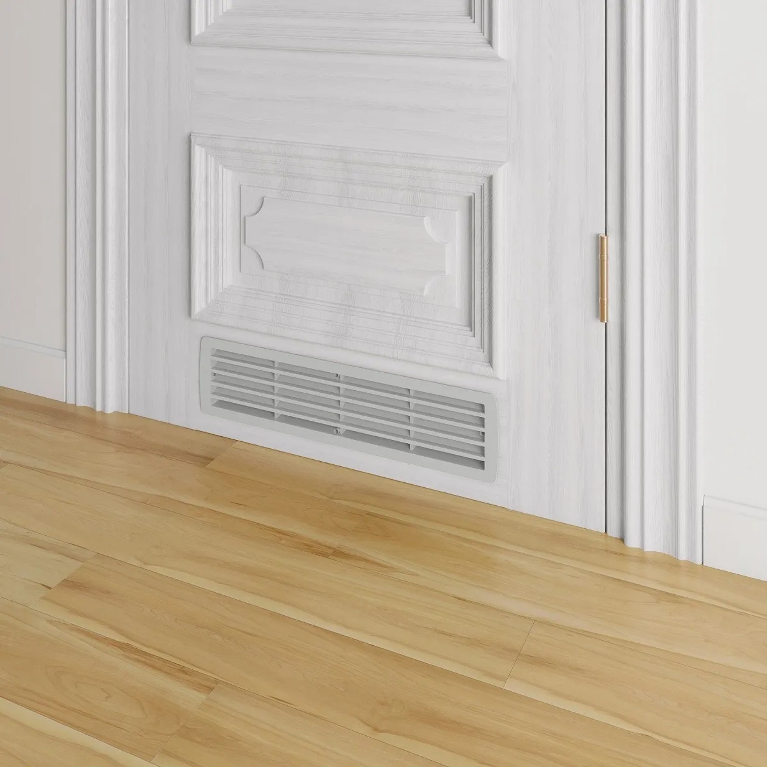 Lichtgraues MS Beschläge Türgitter aus Kunststoff zur Raumbelüftung in einer weißen Tür.