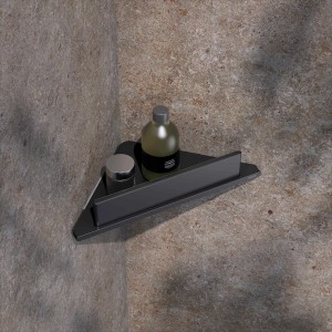 Keuco Eckduschablage Rose, schwarz-matt, mit Duschabzieher und Badartikeln an einer Badezimmerwand.