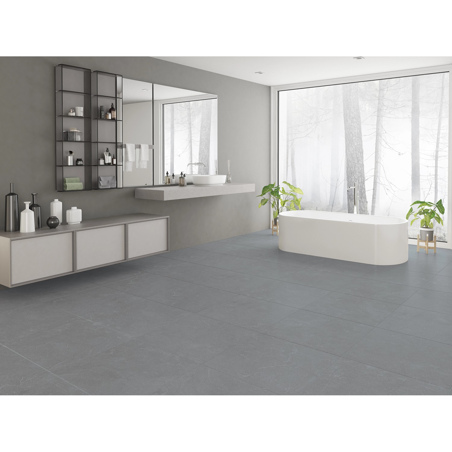 Modernes Bad mit anthrazitfarbenen, matten Feinsteinzeug Bodenfliesen 60x60 cm.