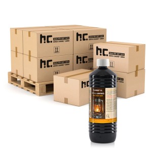 Flasche Flambiol Lampenöl, hochrein, 1 Liter, mit Kartons auf Palette im Hintergrund.