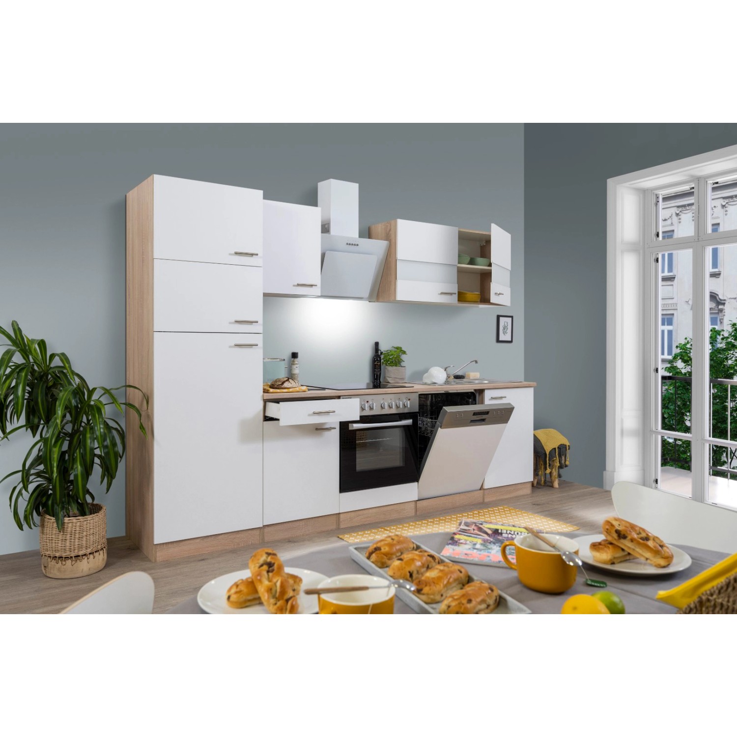 Respekta Küchenzeile KB280ESWCGKE in Weiß und Eiche Sägerau Nachbildung mit E-Geräten.