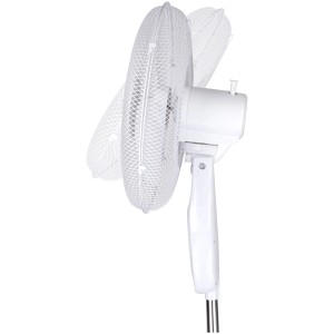 Weißer Standventilator (Ø 40 cm) mit Fernbedienung, Oszillation angedeutet.