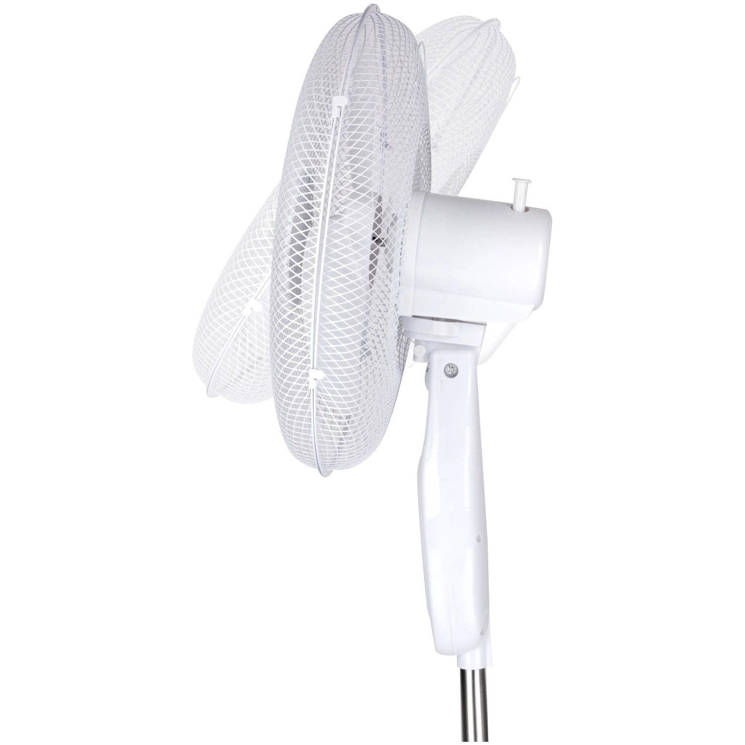 Weißer Standventilator (Ø 40 cm) mit Fernbedienung, Oszillation angedeutet.