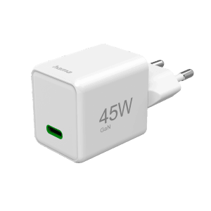 Weißes Hama Super-Mini-Ladegerät, 45W USB-C Power Delivery, GaN Technologie für Hausautomation.