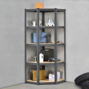 Graues Juskys Eckregal Corner Basic mit fünf Böden, ideal für Werkstatt, Keller oder Garage.