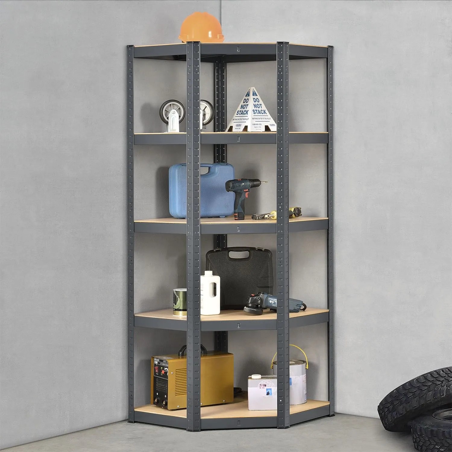 Graues Juskys Eckregal Corner Basic mit fünf Böden, ideal für Werkstatt, Keller oder Garage.