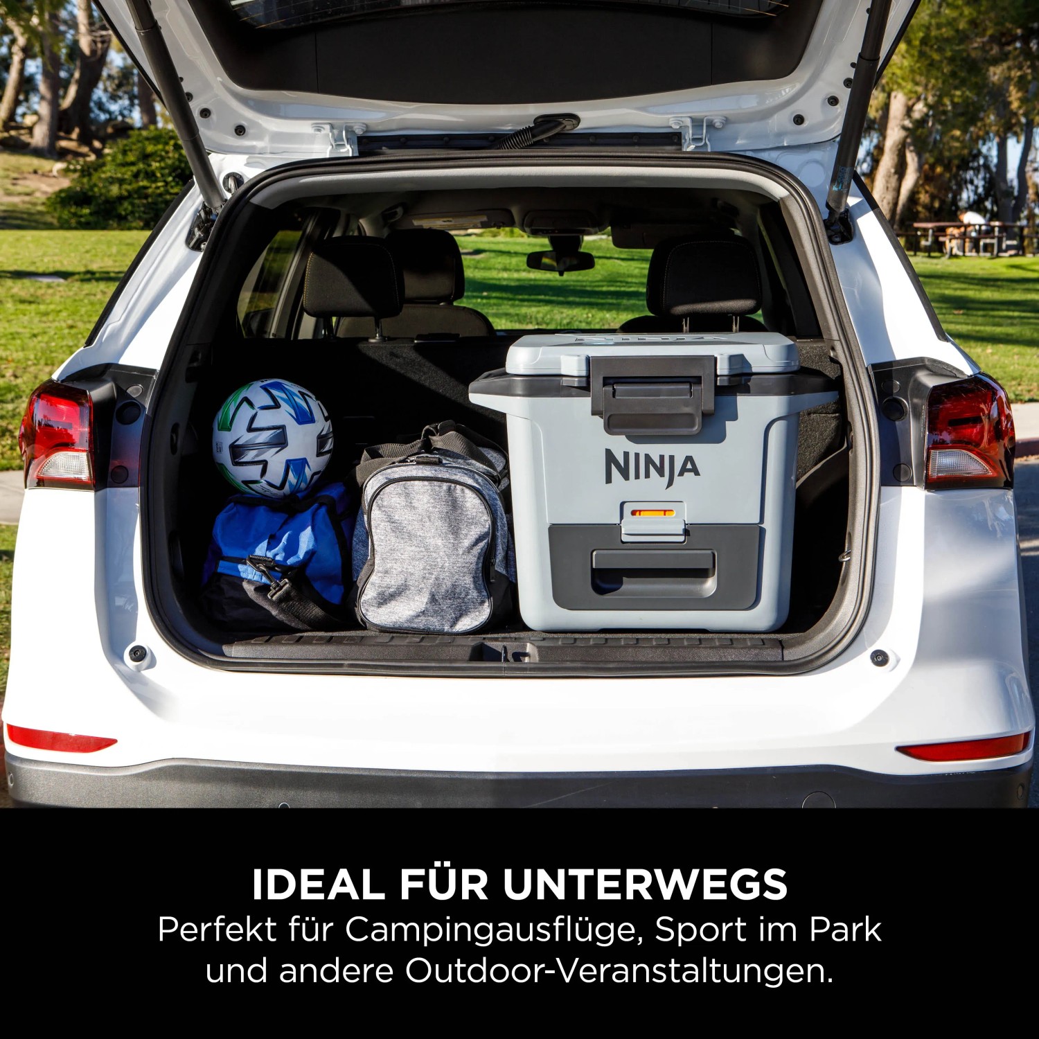 Ninja Kühlbox FrostVault im Kofferraum eines Autos. Ideal für Camping und Outdoor-Aktivitäten.