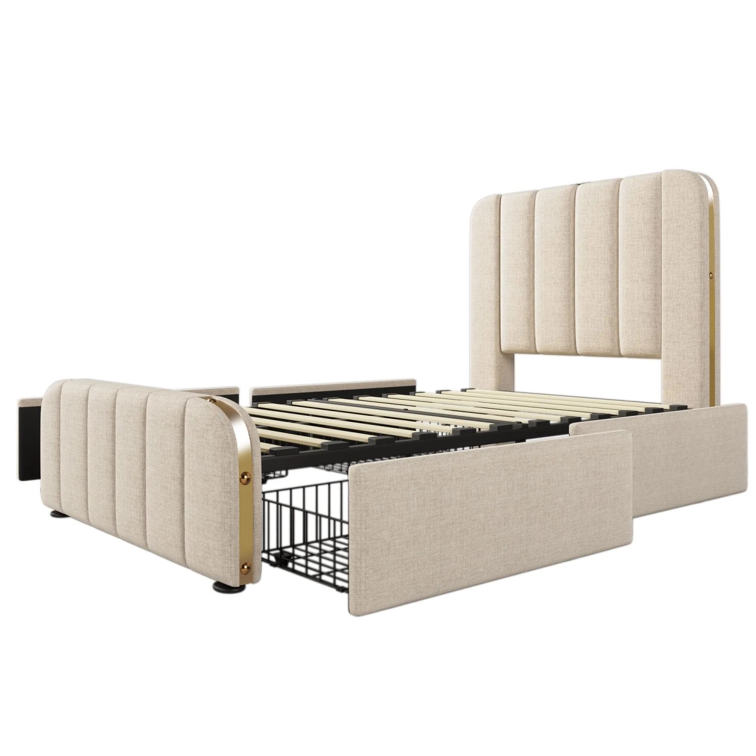 okwish Polsterbett 90×200 Einzelbett mit USB Type-C Ladefunktion und 4 Schubladen ohne Matratze