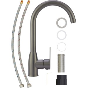 Küchenarmatur Lattari Einhebel in Gunmetal mit Zubehör für die Montage.