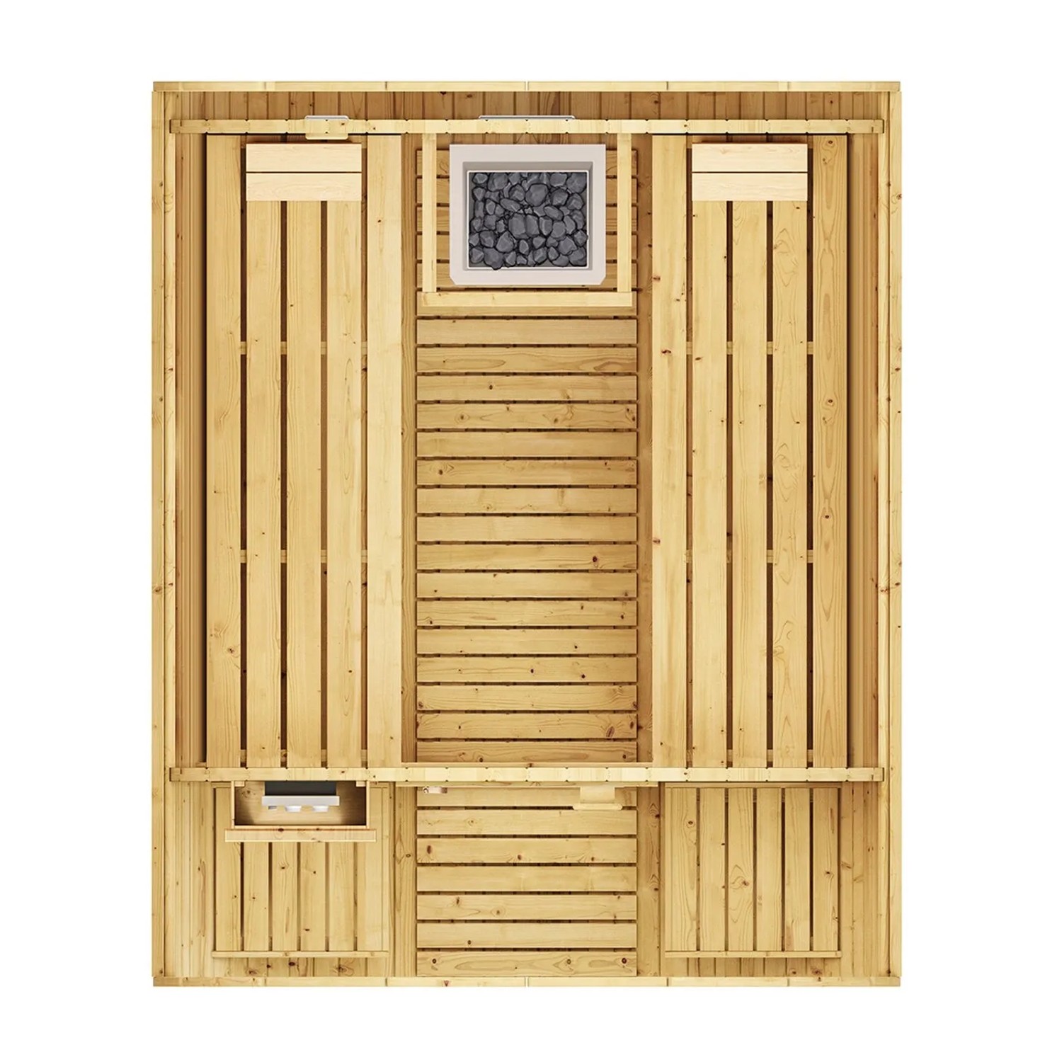 Innenansicht Weka Fasssauna 198 Sparset mit Saunaofen und Liegen aus Holz.