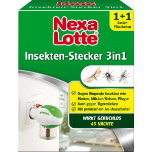 Nexa Lotte Insektenschutz-Set 3in1: Elektroverdampfer mit Fläschchen gegen Mücken, Fliegen und Motten.