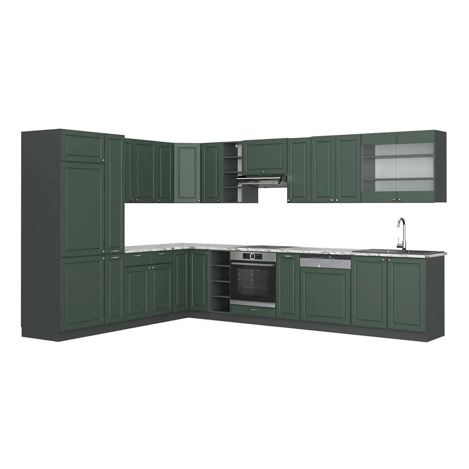 Vicco Eckküche Fame-Line Grün-Gold Landhaus/Anthrazit 347 x 82, AP Marmor