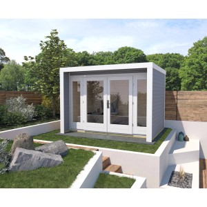 Modernes, grau lasiertes Weka Holz-Gartenhaus mit Flachdach und Doppeltür im Garten.