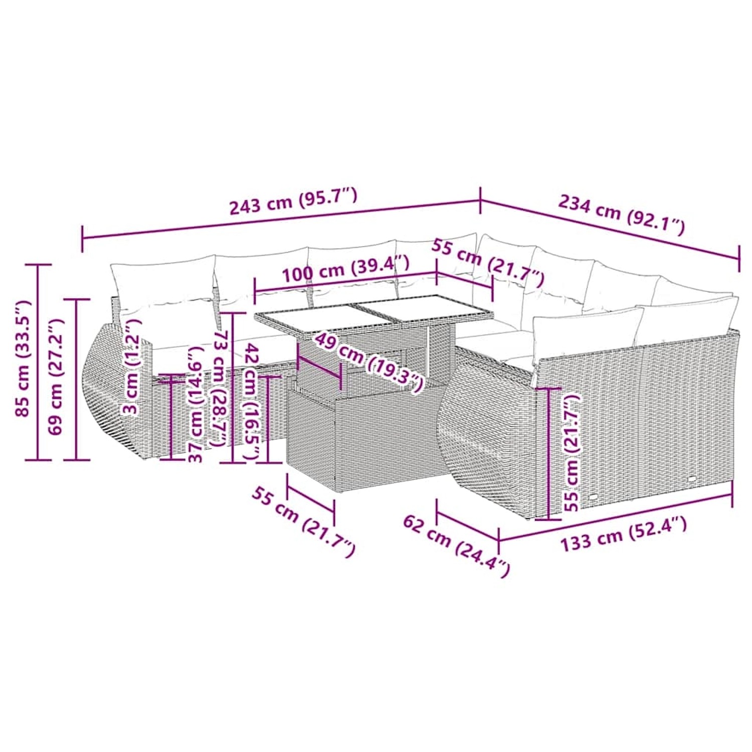 vidaXL 9-tlg. Garten-Sofagarnitur, beige Poly Rattan mit Tisch und Kissen. Gartenmöbel-Set für Terrasse und Garten.