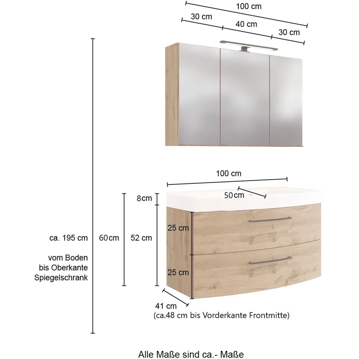 Held Möbel Waschtisch-Set Florenz, 100 cm, Wotaneiche, mit Spiegelschrank und Unterschrank. Badmöbel-Set.