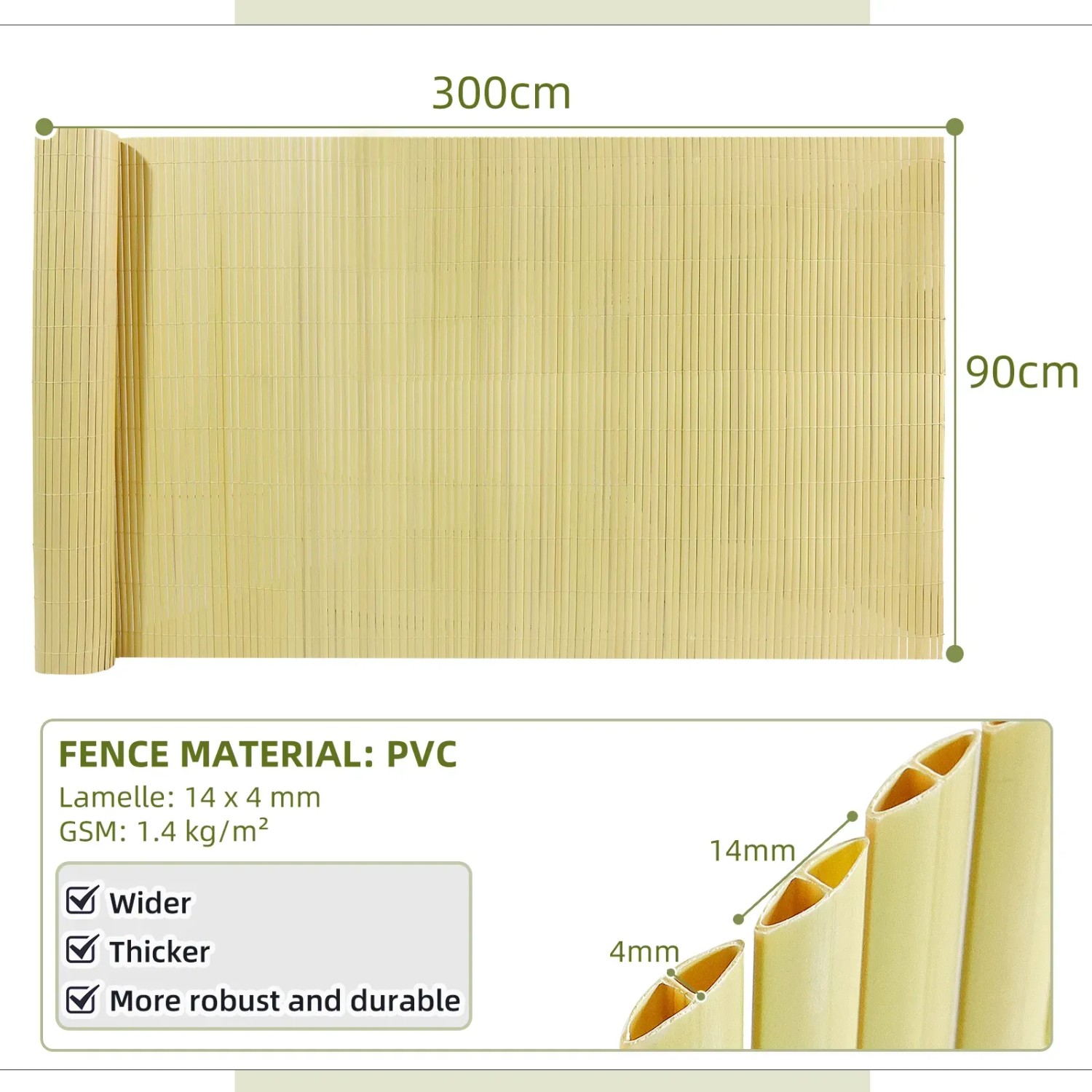 Beige PVC Sichtschutzmatte 90x300cm, gerollt, für Balkon & Garten. Wetterfester Windschutz mit hohlen Lamellen.