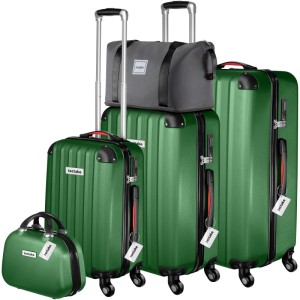 Grünes Tectake Hartschalenkoffer Set Cleo: 3 Trolleys, Beautycase & Reisetasche. Robustes ABS Reisegepäck mit Teleskopgriff.