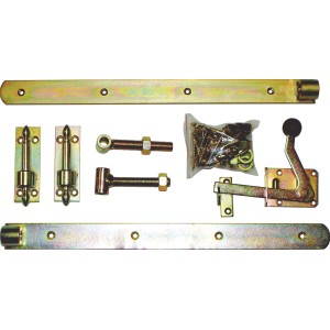 T&J Einzeltor-Beschlag Premium, gelb verzinkt, mit Bändern, Drückergarnitur und verstellbaren Kloben.