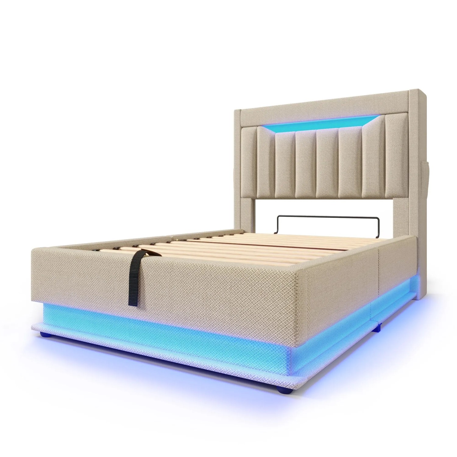 okwish Polsterbett 90x200cm mit LED Stauraum Einzelbett Beige mit Matratze