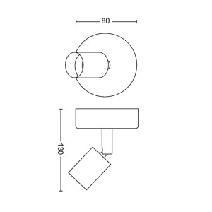 Technische Zeichnung des weißen Limbali Spots mit Maßen 80x130mm. Rotierbarer Spot für gezielte Lichtausrichtung.