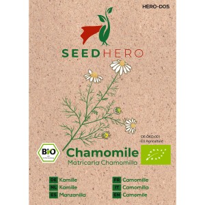 Seedhero BIO Kamille Samen, Packung mit Kamillenblüten Illustration.