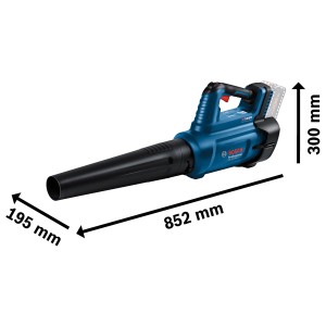 Bosch Professional Akku-Laubbläser GBL 18V-750 Solo, blau/schwarz, mit Maßangaben.