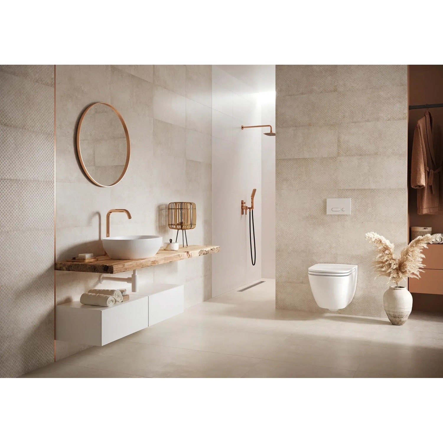 Beige Feinsteinzeug Bodenfliese First row im modernen Bad mit Dusche und Waschtisch.