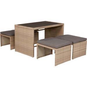 4-teiliges Lounge-Set Penticton aus Polyrattan in Grau mit Esstisch und grauen Auflagen.