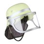 Gelber Feuerwehrhelm für Kinder mit klappbarem Visier und Nackenschutz.