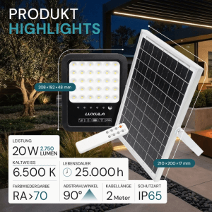 LUXULA LED Solarstrahler mit Solarpanel, Fernbedienung, 2750 Lumen, kaltweiß, für Garten und Außenbereiche.