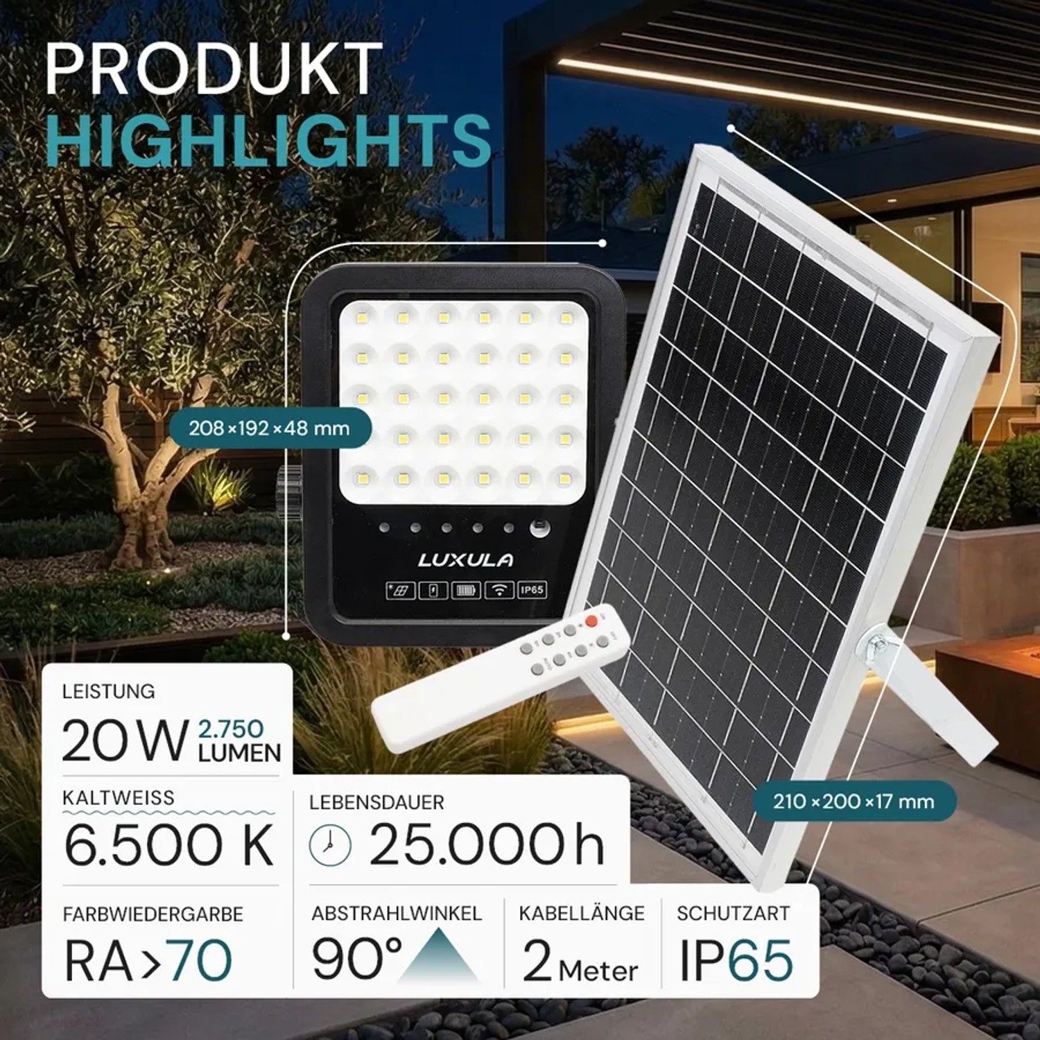 LUXULA LED Solarstrahler mit Solarpanel, Fernbedienung, 2750 Lumen, kaltweiß, für Garten und Außenbereiche.