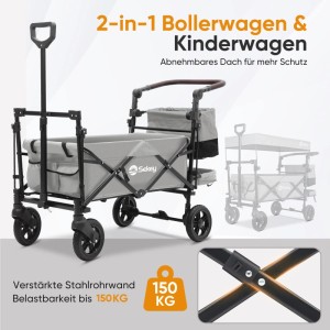 Sekey Bollerwagen faltbar, grau, mit Dach. Kinder Transportwagen für Camping & Ausflüge bis 150kg.