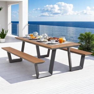 osoltus Alu Picknick Gartentisch Bank Florida, anthrazit/Teak Optik, gedeckt auf heller Terrasse.