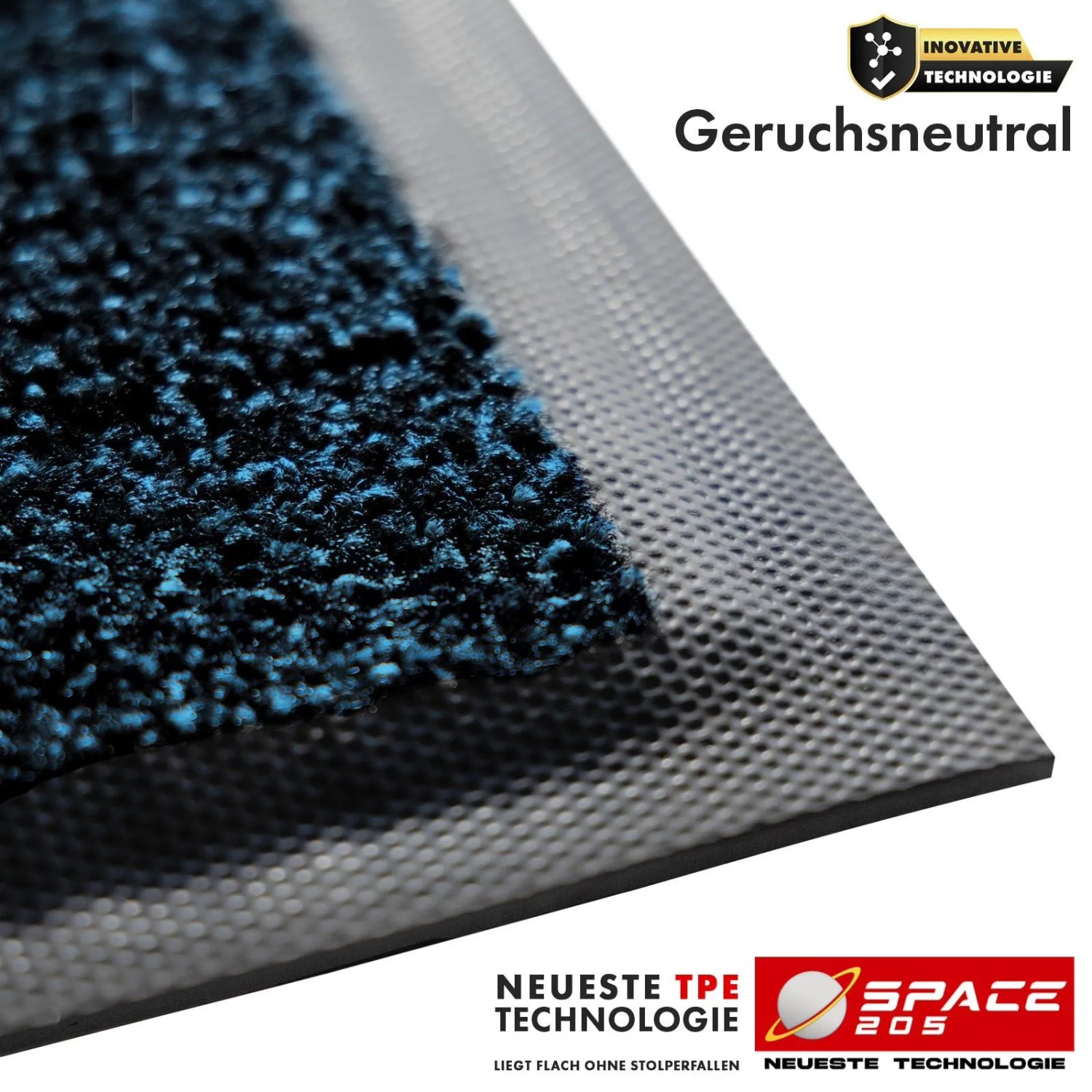 Nahaufnahme der blauen Floordirekt Schmutzfangmatte Space 205 mit Velours-Oberfläche und rutschfestem TPE-Rücken.
