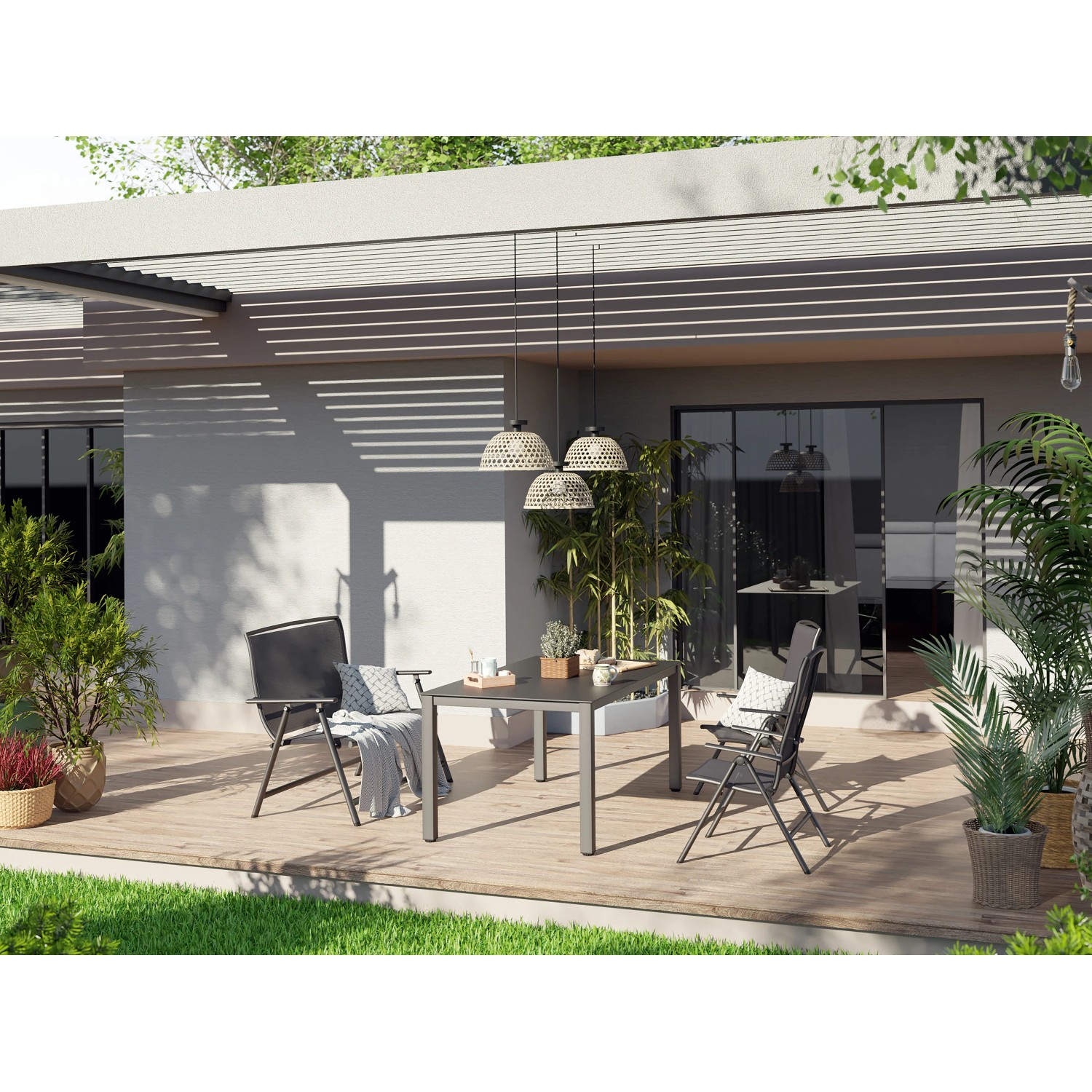 5-teilige Sitzgruppe Vigo, Aluminium grau-schwarz, mit Tisch und klappbaren Stühlen für den Garten.