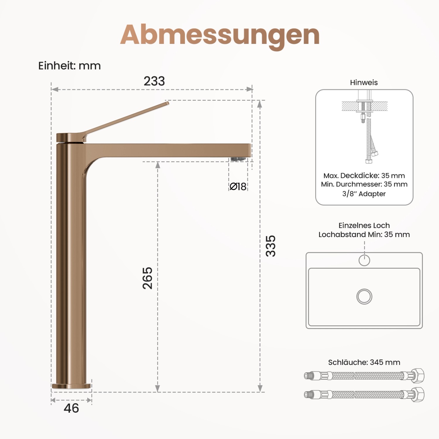 Skizze der Emke Waschbeckenarmatur in Roségold mit Maßangaben für Installation.