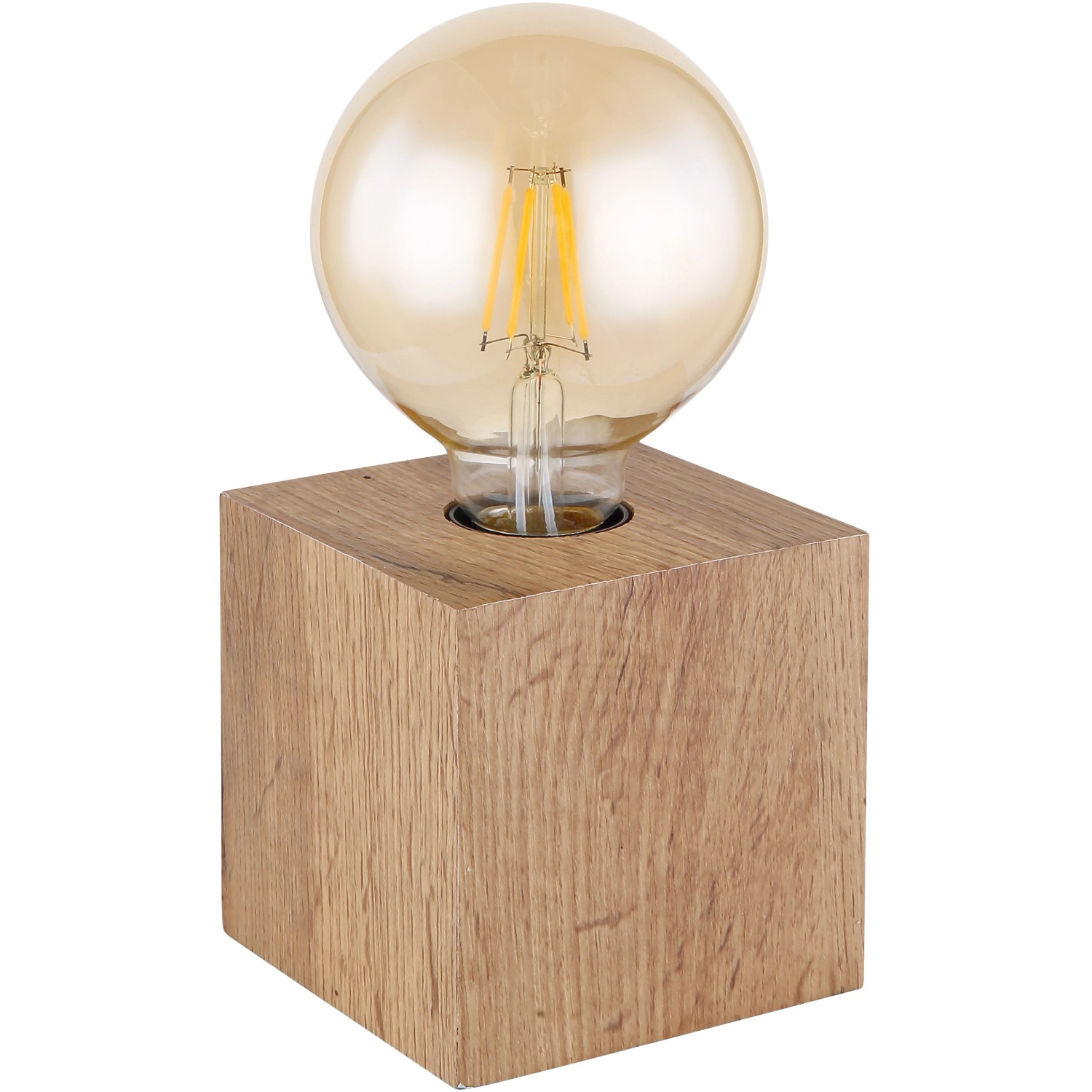 Globo Erna Tischlampe, dunkelbrauner Holzsockel mit E27-Glühbirne.