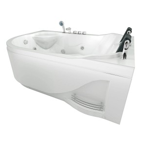 Weiße AcquaVapore Eck-Badewanne W23H-TH-L 182 mit Whirlpool-Funktion und Armaturen.