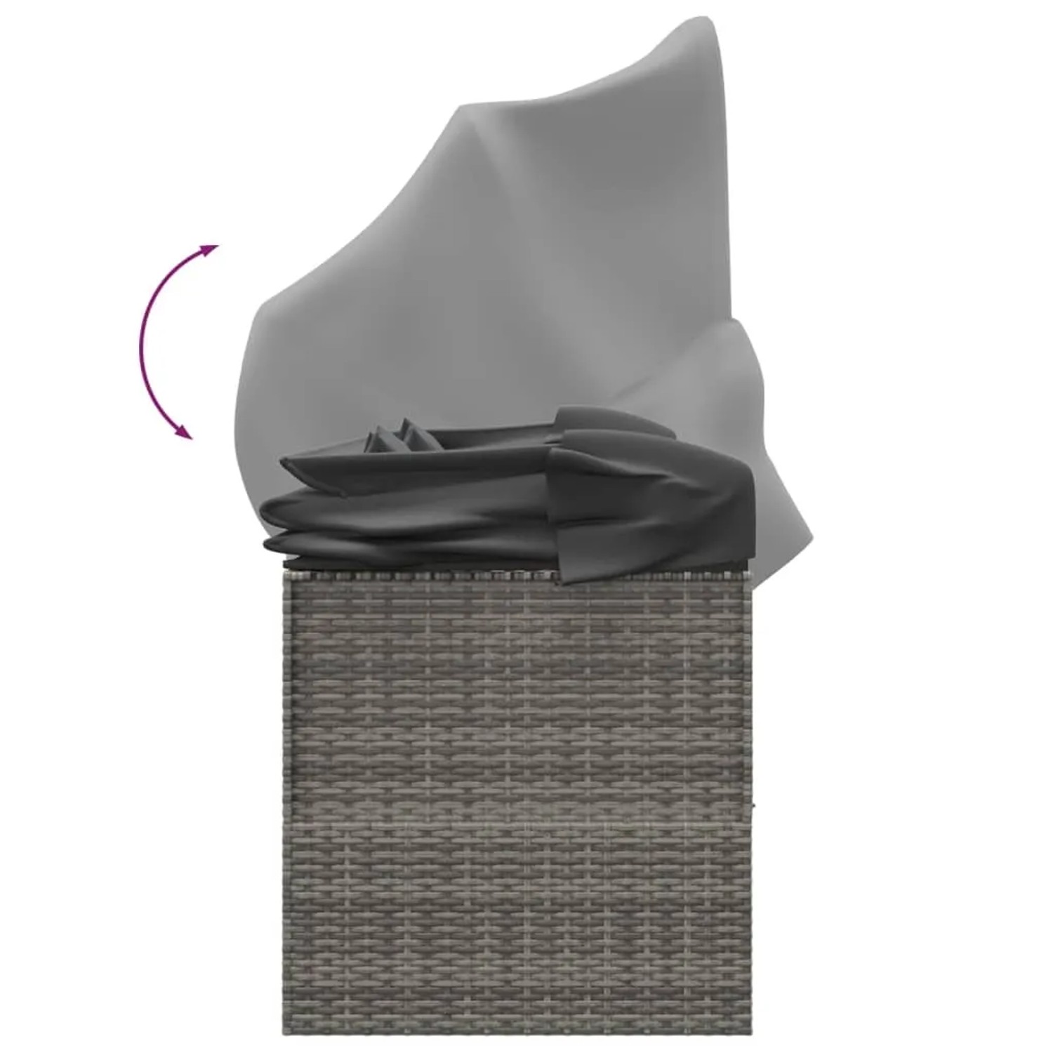 Graues Outdoor-Loungebett mit Dach und Kissen aus Polyrattan, Dach verstellbar.