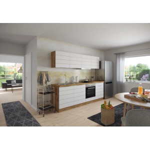 Moderne Küchenzeile in Weiß-Wotaneiche (240 cm) mit E-Geräten Set.